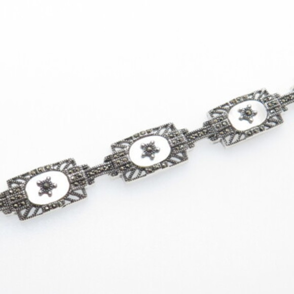 925 Sterling Silver Vintage Real MOP & Marcasite Star Oxidized Panel Bracelet 7